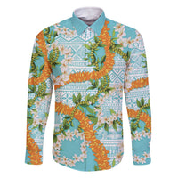 Aloha Festive Hawaii Family Matching Off The Shoulder Long Sleeve Dress and Hawaiian Shirt Mokihana - Maile and Ilima on Turquoise LT7 Dad's Shirt - Long Sleeve Turquoise - Polynesian Pride