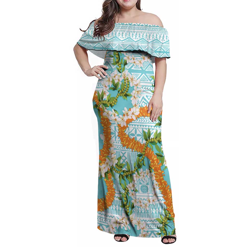 Aloha Festive Hawaii Family Matching Off Shoulder Maxi Dress and Hawaiian Shirt Mokihana - Maile and Ilima on Turquoise LT7 Mom's Dress Turquoise - Polynesian Pride