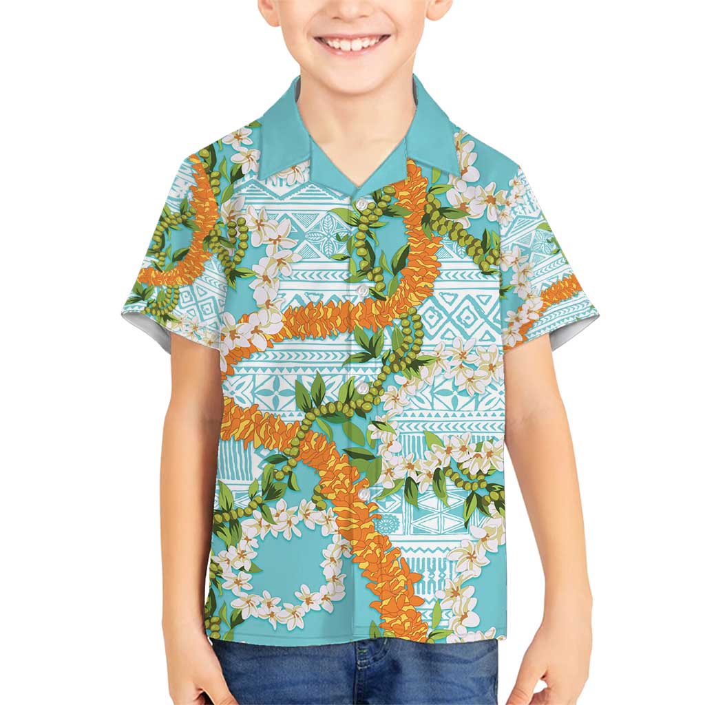 Aloha Festive Hawaii Family Matching Off Shoulder Maxi Dress and Hawaiian Shirt Mokihana - Maile and Ilima on Turquoise LT7 Son's Shirt Turquoise - Polynesian Pride