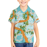 Aloha Festive Hawaii Family Matching Off Shoulder Maxi Dress and Hawaiian Shirt Mokihana - Maile and Ilima on Turquoise LT7 Son's Shirt Turquoise - Polynesian Pride