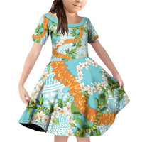 Aloha Festive Hawaii Family Matching Off Shoulder Short Dress and Hawaiian Shirt Mokihana - Maile and Ilima on Turquoise LT7 Daughter's Dress Turquoise - Polynesian Pride
