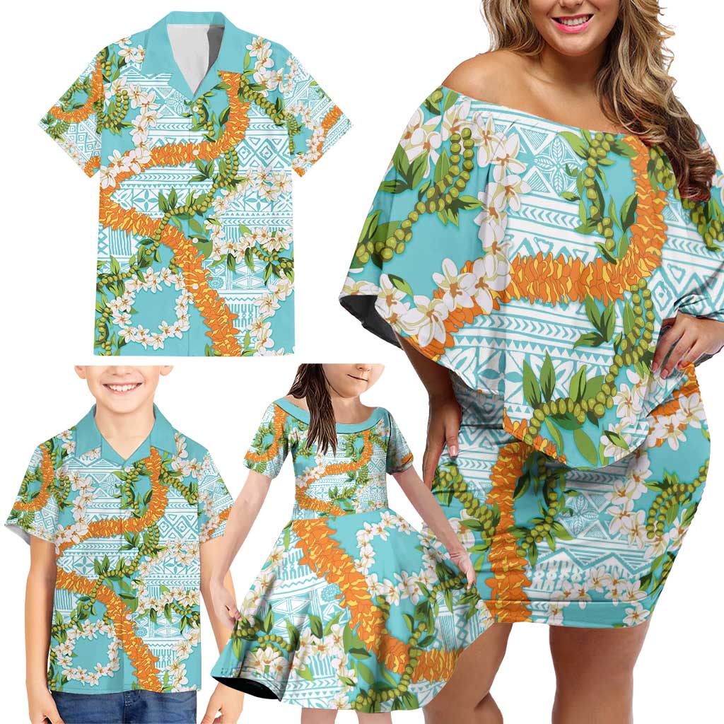 Aloha Festive Hawaii Family Matching Off Shoulder Short Dress and Hawaiian Shirt Mokihana - Maile and Ilima on Turquoise LT7 - Polynesian Pride