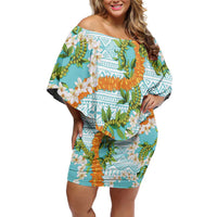 Aloha Festive Hawaii Family Matching Off Shoulder Short Dress and Hawaiian Shirt Mokihana - Maile and Ilima on Turquoise LT7 Mom's Dress Turquoise - Polynesian Pride