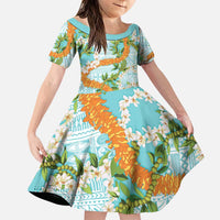 Aloha Festive Hawaii Family Matching Puletasi and Hawaiian Shirt Mokihana - Maile and Ilima on Turquoise LT7 Daughter's Dress Turquoise - Polynesian Pride
