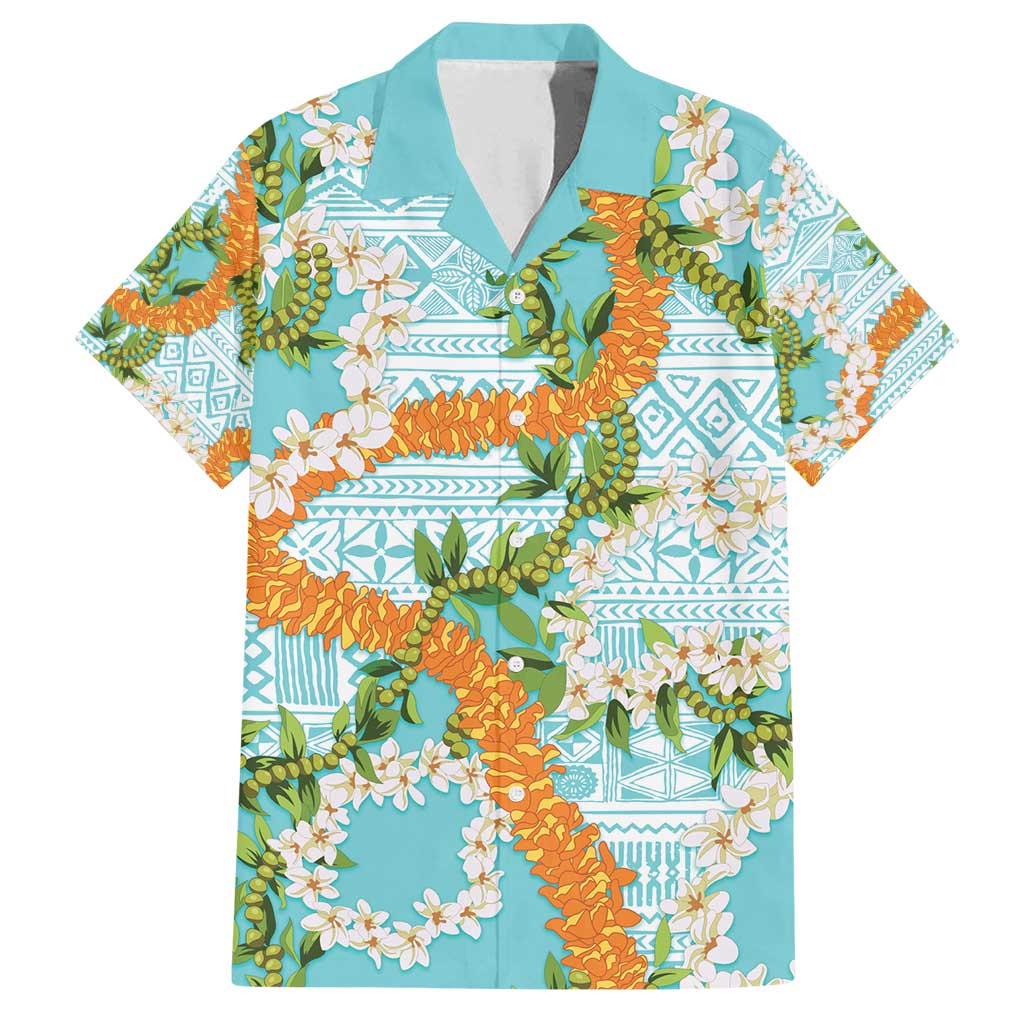 Aloha Festive Hawaii Family Matching Puletasi and Hawaiian Shirt Mokihana - Maile and Ilima on Turquoise LT7 Dad's Shirt - Short Sleeve Turquoise - Polynesian Pride