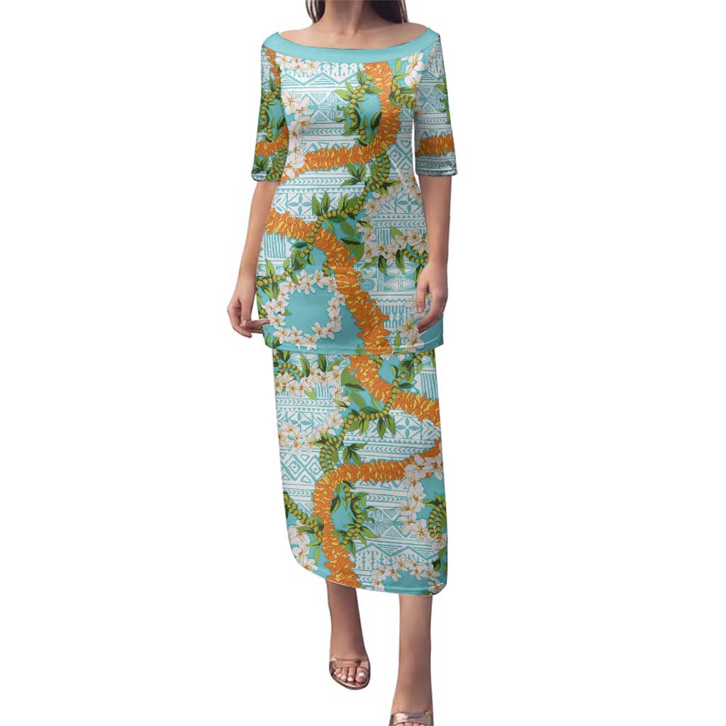 Aloha Festive Hawaii Family Matching Puletasi and Hawaiian Shirt Mokihana - Maile and Ilima on Turquoise LT7 Mom's Dress Turquoise - Polynesian Pride