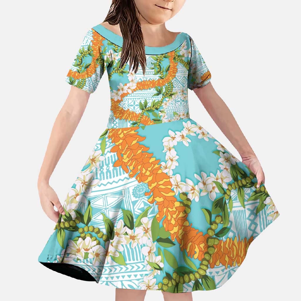 Aloha Festive Hawaii Family Matching Short Sleeve Bodycon Dress and Hawaiian Shirt Mokihana - Maile and Ilima on Turquoise LT7 Daughter's Dress Turquoise - Polynesian Pride