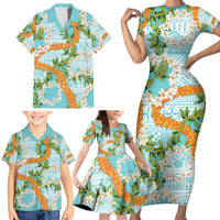 Aloha Festive Hawaii Family Matching Short Sleeve Bodycon Dress and Hawaiian Shirt Mokihana - Maile and Ilima on Turquoise LT7 - Polynesian Pride