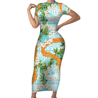 Aloha Festive Hawaii Family Matching Short Sleeve Bodycon Dress and Hawaiian Shirt Mokihana - Maile and Ilima on Turquoise LT7 Mom's Dress Turquoise - Polynesian Pride