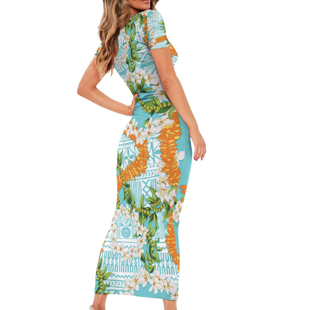 Aloha Festive Hawaii Family Matching Short Sleeve Bodycon Dress and Hawaiian Shirt Mokihana - Maile and Ilima on Turquoise LT7 - Polynesian Pride