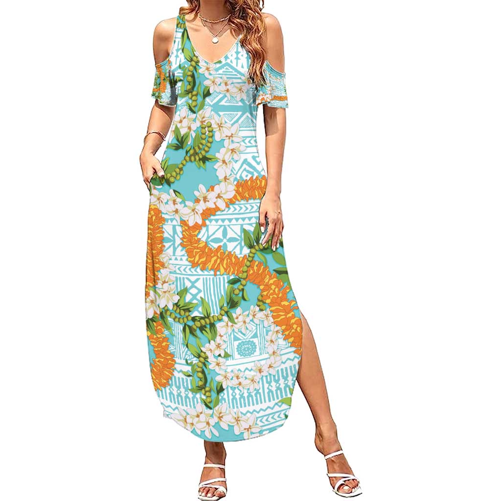 Aloha Festive Hawaii Family Matching Summer Maxi Dress and Hawaiian Shirt Mokihana - Maile and Ilima on Turquoise LT7 Mom's Dress Turquoise - Polynesian Pride
