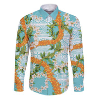 Aloha Festive Hawaii Family Matching Tank Maxi Dress and Hawaiian Shirt Mokihana - Maile and Ilima on Turquoise LT7 Dad's Shirt - Long Sleeve Turquoise - Polynesian Pride