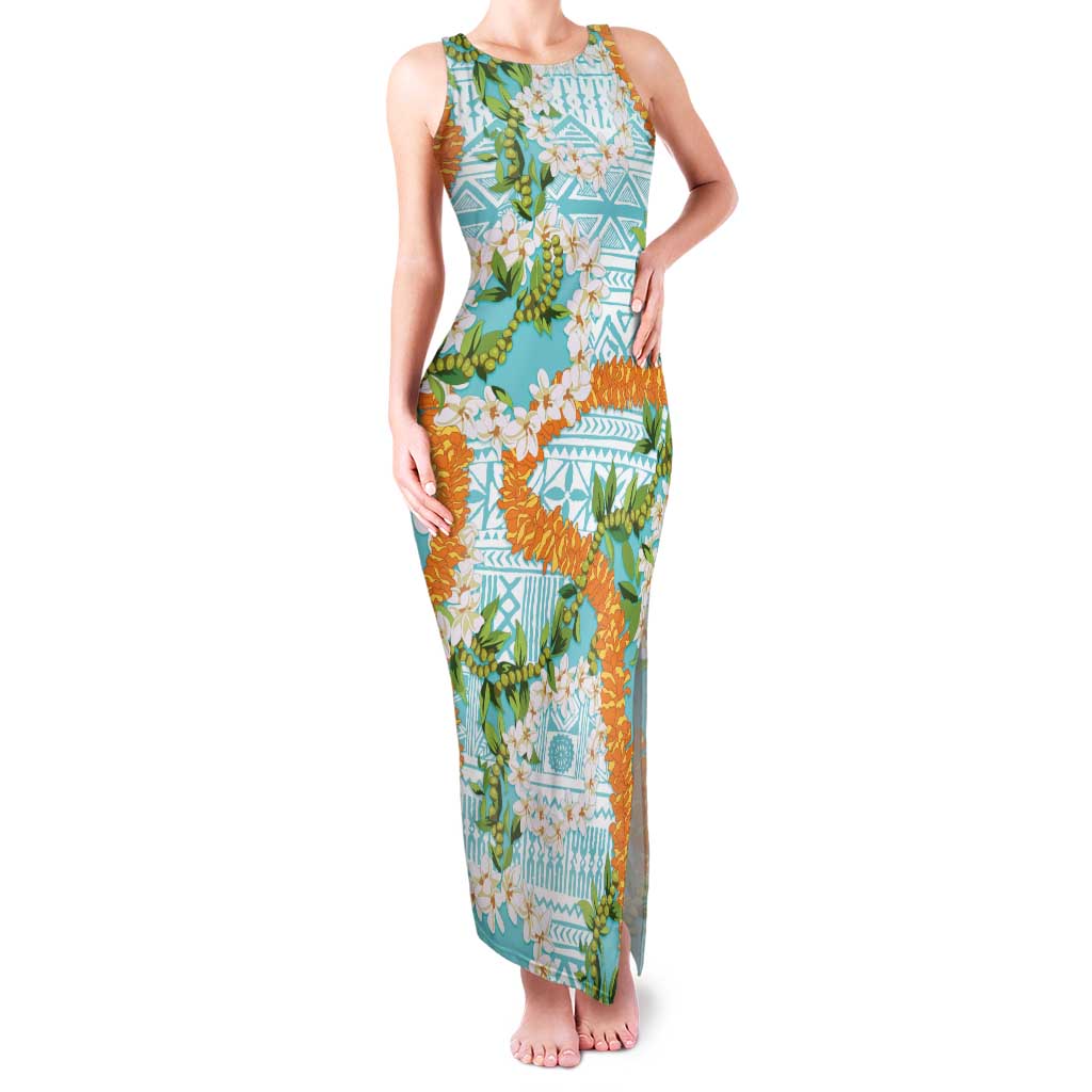Aloha Festive Hawaii Family Matching Tank Maxi Dress and Hawaiian Shirt Mokihana - Maile and Ilima on Turquoise LT7 Mom's Dress Turquoise - Polynesian Pride