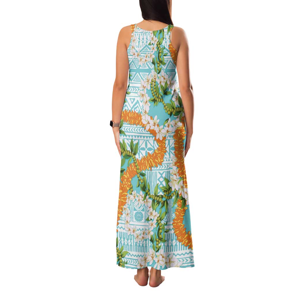 Aloha Festive Hawaii Family Matching Tank Maxi Dress and Hawaiian Shirt Mokihana - Maile and Ilima on Turquoise LT7 - Polynesian Pride