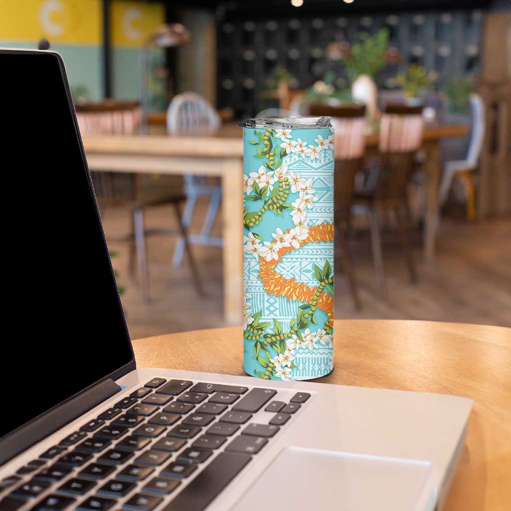 Aloha Festive Hawaii Skinny Tumbler Mokihana - Maile and Ilima on Turquoise - Polynesian Pride