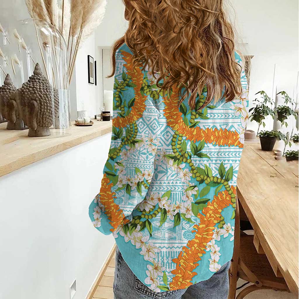 Aloha Festive Hawaii Women Casual Shirt Mokihana - Maile and Ilima on Turquoise - Polynesian Pride