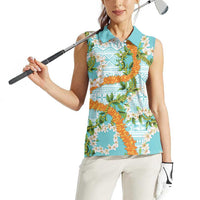 Aloha Festive Hawaii Women Sleeveless Polo Shirt Mokihana - Maile and Ilima on Turquoise - Polynesian Pride