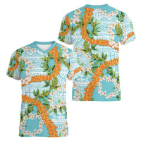 Aloha Festive Hawaii Women V-Neck T-Shirt Mokihana - Maile and Ilima on Turquoise - Polynesian Pride