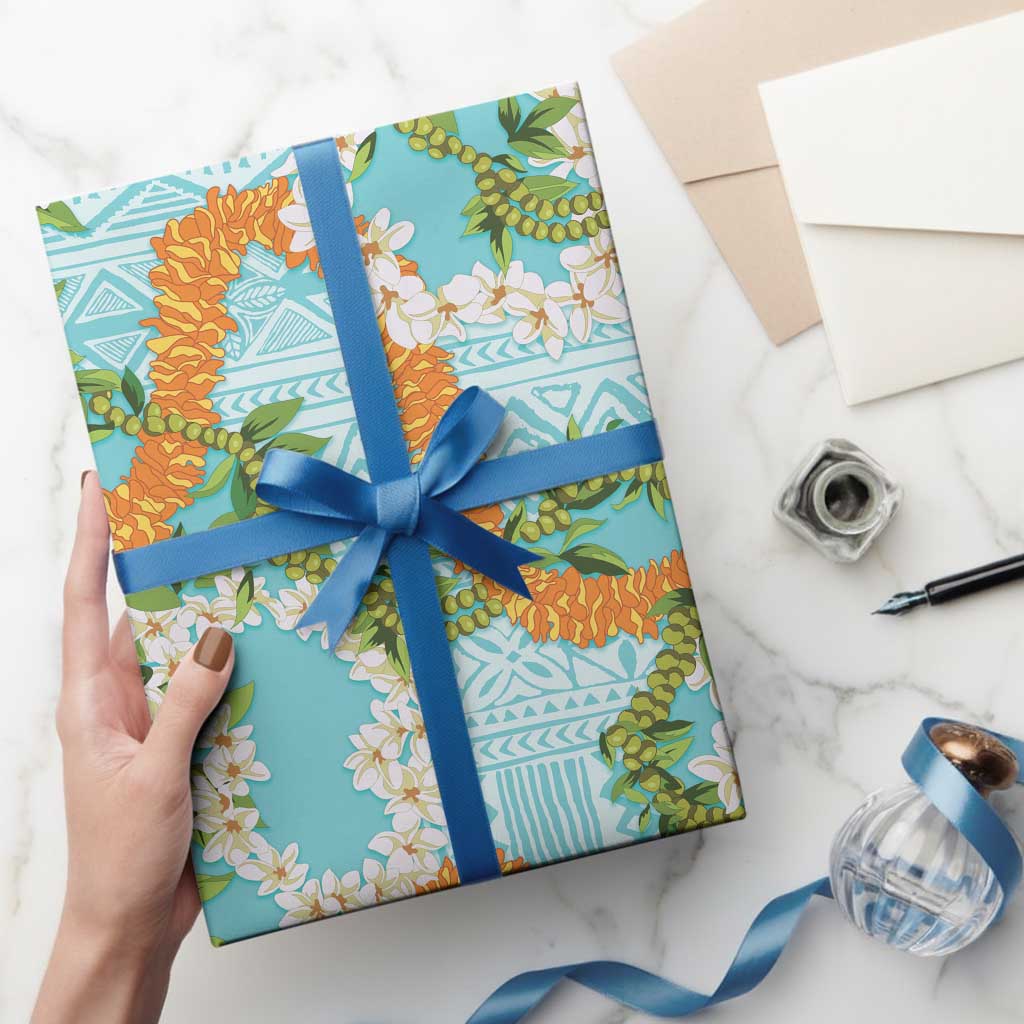 Aloha Festive Hawaii Wrapping Paper Mokihana - Maile and Ilima on Turquoise