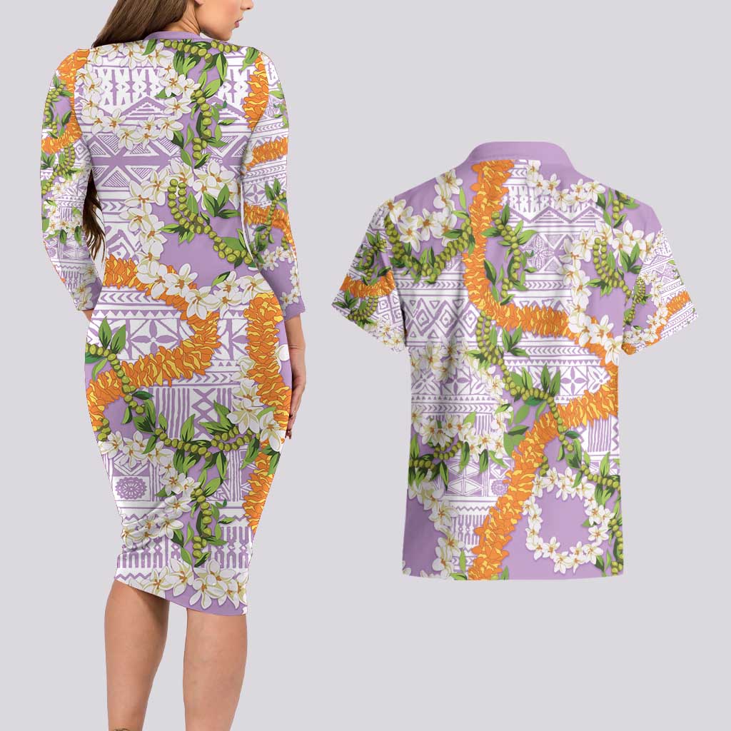 Aloha Festive Hawaii Couples Matching Long Sleeve Bodycon Dress and Hawaiian Shirt Mokihana - Maile and Ilima on Lilac LT7 - Polynesian Pride