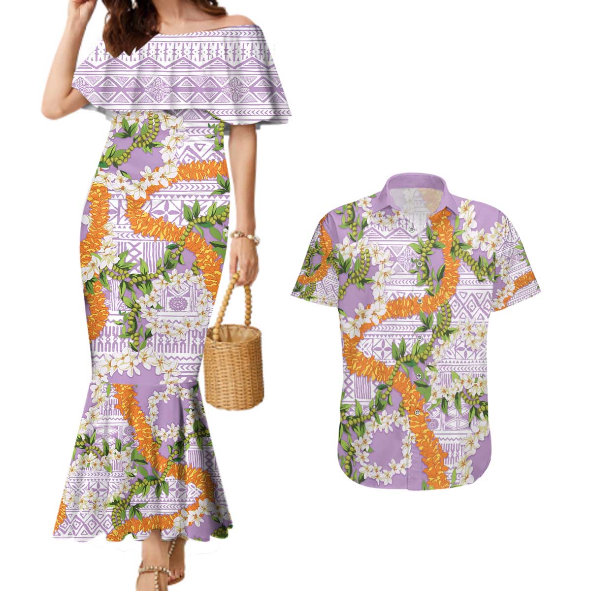 Aloha Festive Hawaii Couples Matching Mermaid Dress and Hawaiian Shirt Mokihana - Maile and Ilima on Lilac - Polynesian Pride