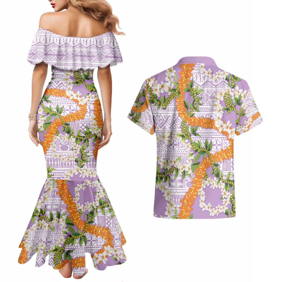 Aloha Festive Hawaii Couples Matching Mermaid Dress and Hawaiian Shirt Mokihana - Maile and Ilima on Lilac LT7 - Polynesian Pride