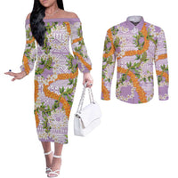 Aloha Festive Hawaii Couples Matching Off The Shoulder Long Sleeve Dress and Long Sleeve Button Shirt Mokihana - Maile and Ilima on Lilac LT7 Lilac - Polynesian Pride