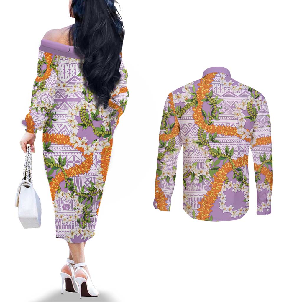 Aloha Festive Hawaii Couples Matching Off The Shoulder Long Sleeve Dress and Long Sleeve Button Shirt Mokihana - Maile and Ilima on Lilac LT7 - Polynesian Pride