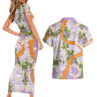 Aloha Festive Hawaii Couples Matching Short Sleeve Bodycon Dress and Hawaiian Shirt Mokihana - Maile and Ilima on Lilac LT7 - Polynesian Pride