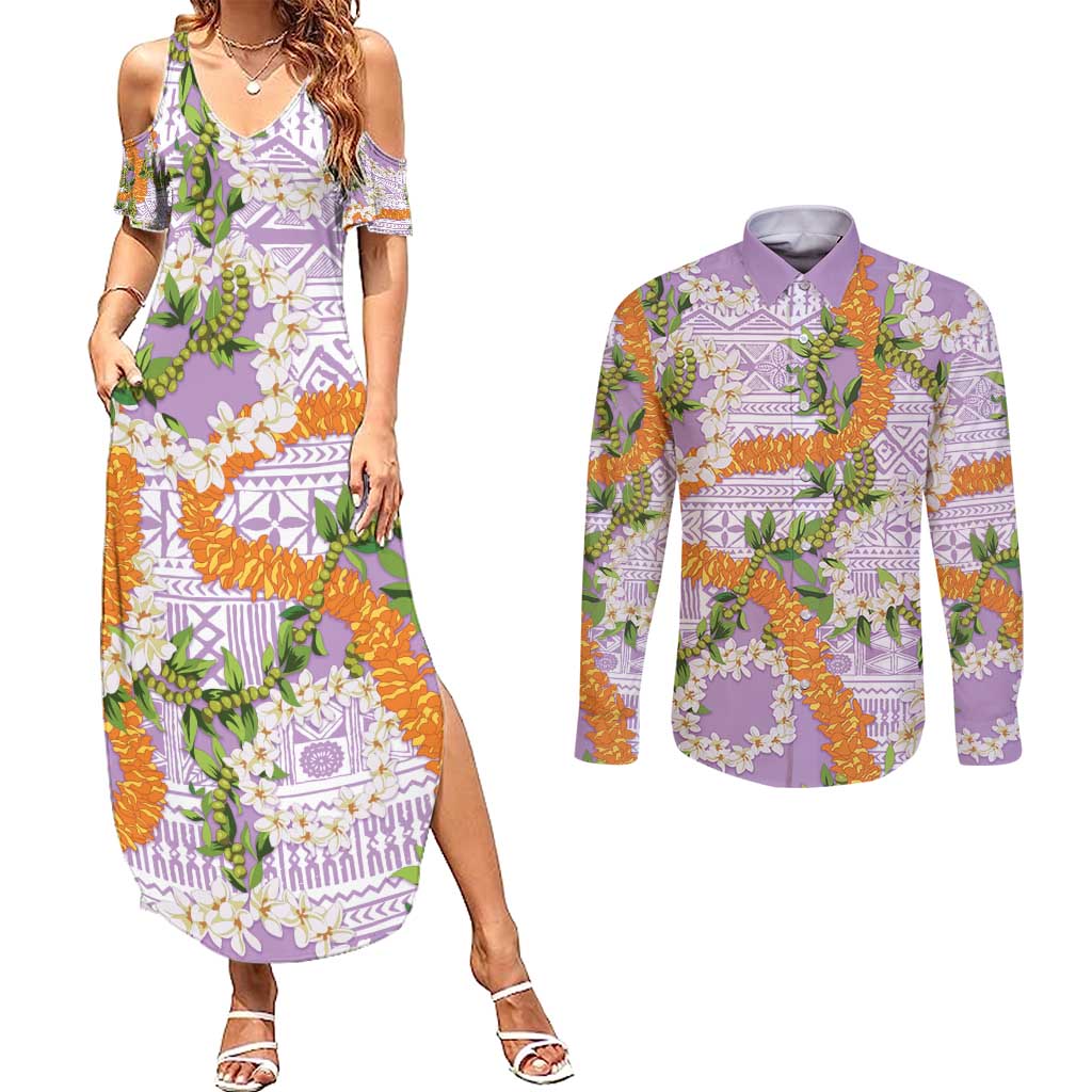 Aloha Festive Hawaii Couples Matching Summer Maxi Dress and Long Sleeve Button Shirt Mokihana - Maile and Ilima on Lilac - Polynesian Pride