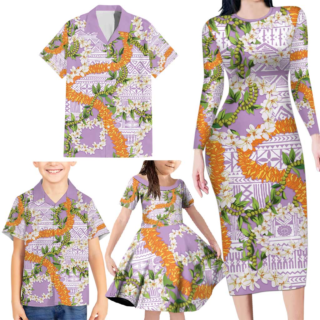 Aloha Festive Hawaii Family Matching Long Sleeve Bodycon Dress and Hawaiian Shirt Mokihana - Maile and Ilima on Lilac LT7 - Polynesian Pride