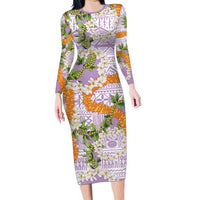 Aloha Festive Hawaii Family Matching Long Sleeve Bodycon Dress and Hawaiian Shirt Mokihana - Maile and Ilima on Lilac LT7 Mom's Dress Lilac - Polynesian Pride