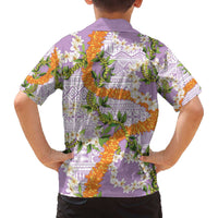Aloha Festive Hawaii Family Matching Off The Shoulder Long Sleeve Dress and Hawaiian Shirt Mokihana - Maile and Ilima on Lilac LT7 - Polynesian Pride