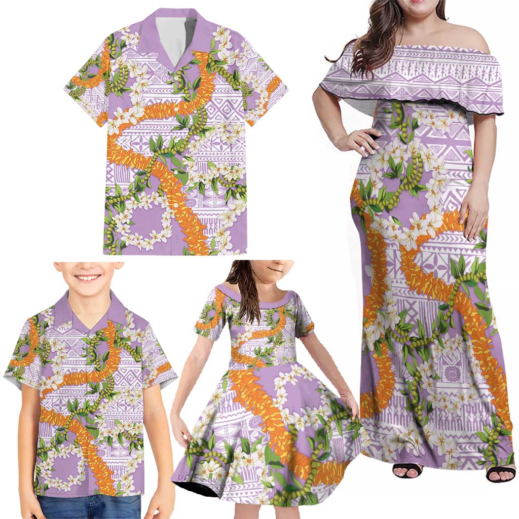 Aloha Festive Hawaii Family Matching Off Shoulder Maxi Dress and Hawaiian Shirt Mokihana - Maile and Ilima on Lilac LT7 - Polynesian Pride