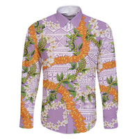 Aloha Festive Hawaii Family Matching Off Shoulder Maxi Dress and Hawaiian Shirt Mokihana - Maile and Ilima on Lilac LT7 Dad's Shirt - Long Sleeve Lilac - Polynesian Pride