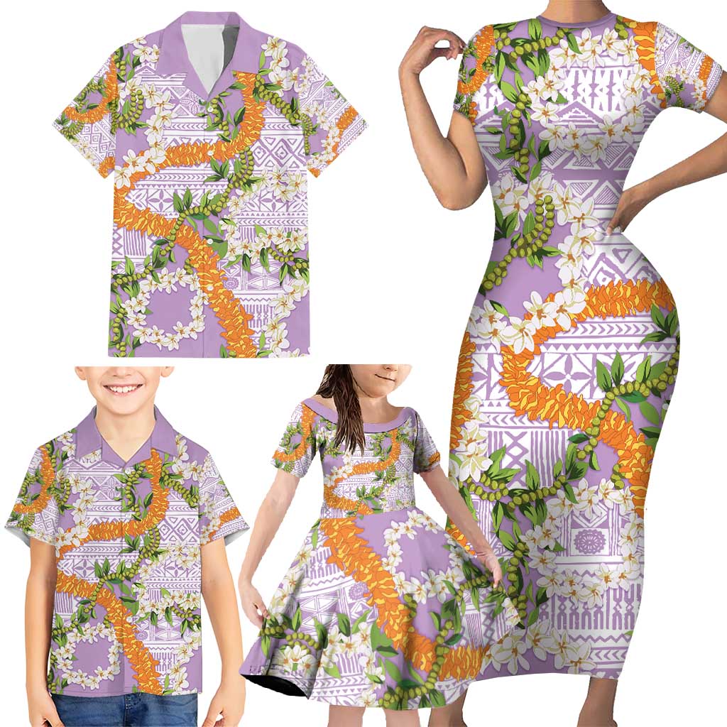 Aloha Festive Hawaii Family Matching Short Sleeve Bodycon Dress and Hawaiian Shirt Mokihana - Maile and Ilima on Lilac LT7 - Polynesian Pride