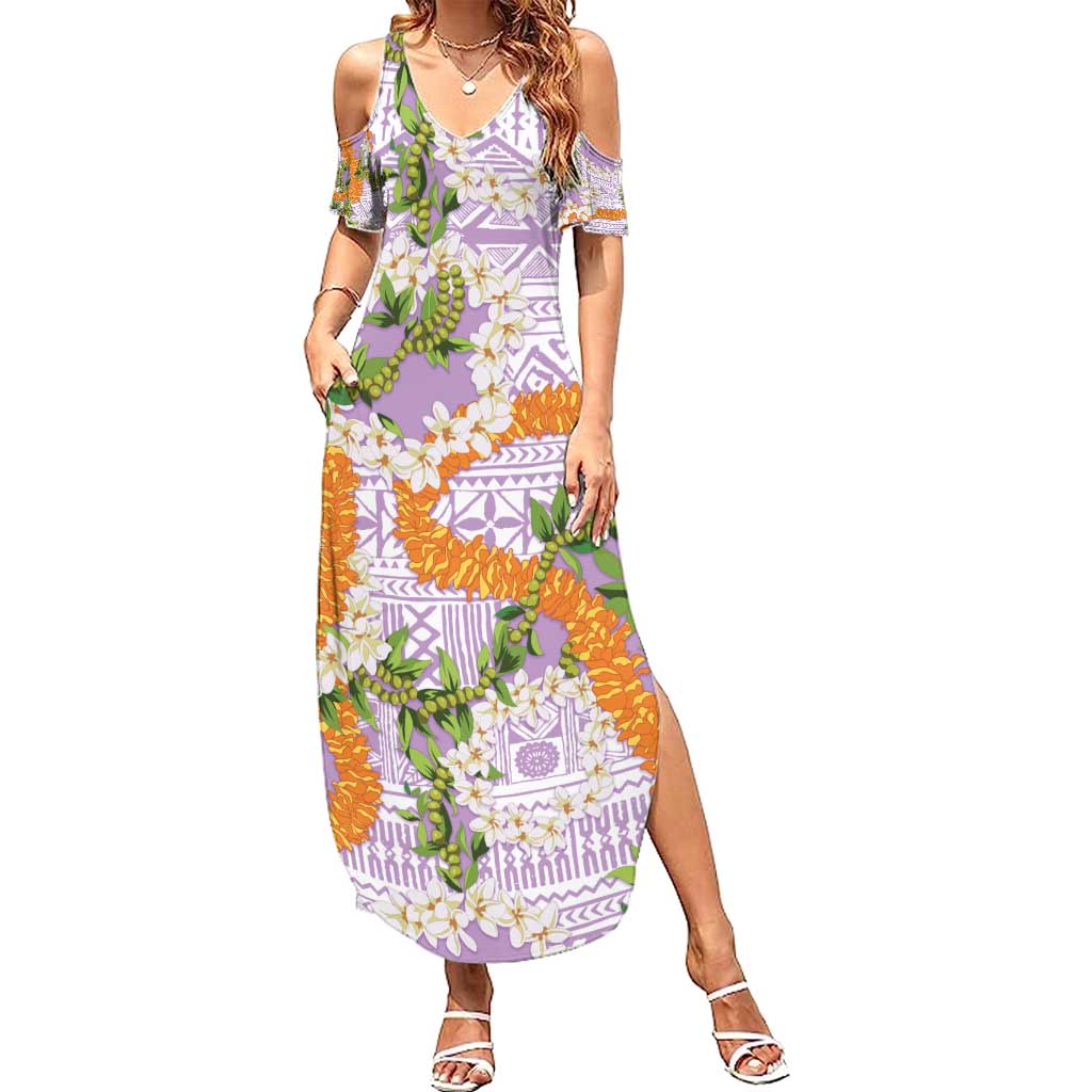 Aloha Festive Hawaii Family Matching Summer Maxi Dress and Hawaiian Shirt Mokihana - Maile and Ilima on Lilac LT7 Mom's Dress Lilac - Polynesian Pride