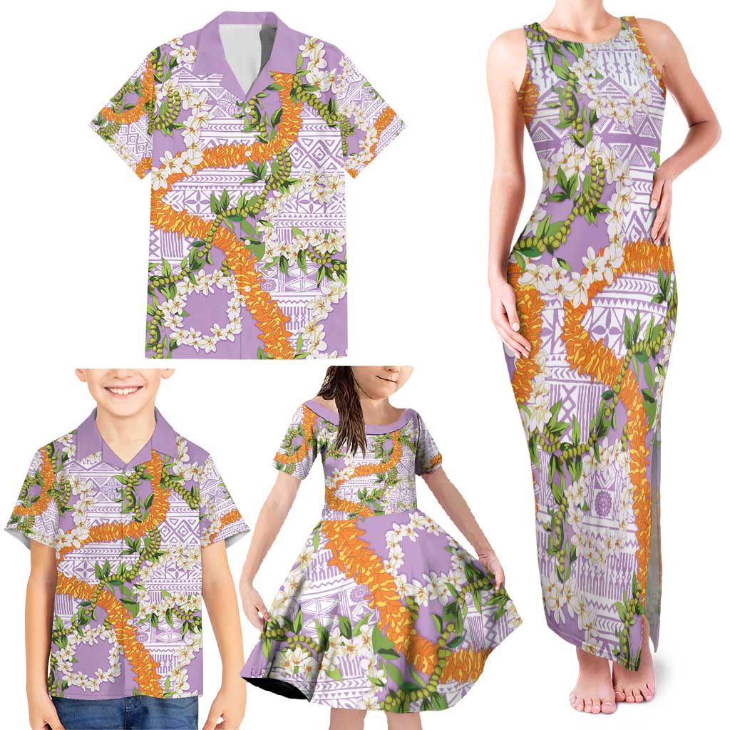 Aloha Festive Hawaii Family Matching Tank Maxi Dress and Hawaiian Shirt Mokihana - Maile and Ilima on Lilac LT7 - Polynesian Pride