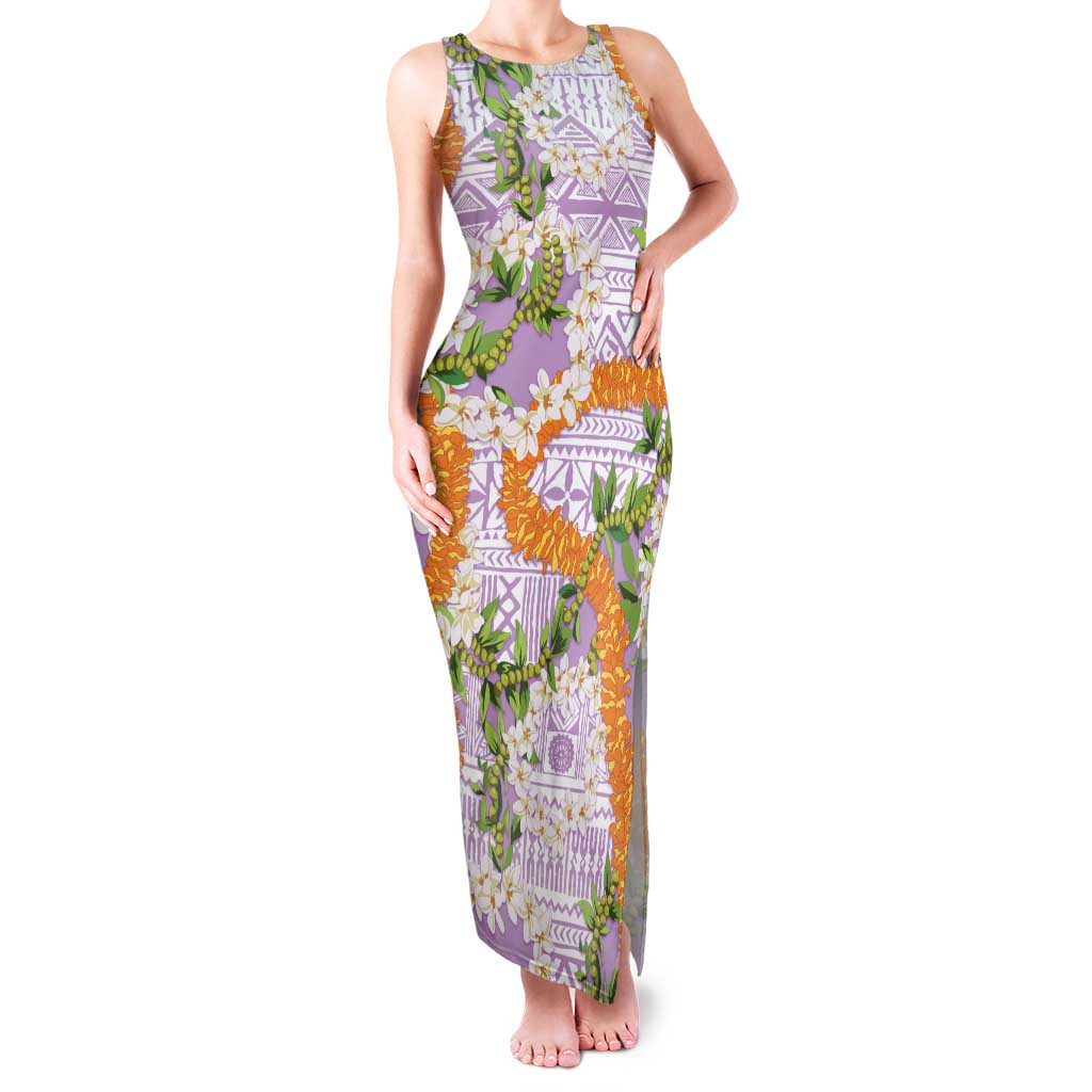 Aloha Festive Hawaii Family Matching Tank Maxi Dress and Hawaiian Shirt Mokihana - Maile and Ilima on Lilac LT7 Mom's Dress Lilac - Polynesian Pride