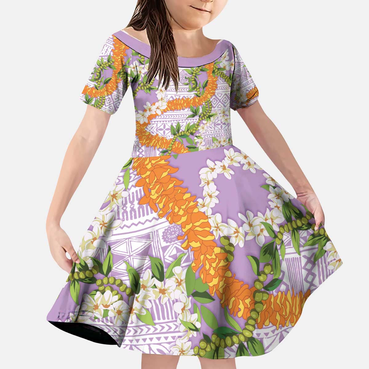 Aloha Festive Hawaii Kid Short Sleeve Dress Mokihana - Maile and Ilima on Lilac - Polynesian Pride