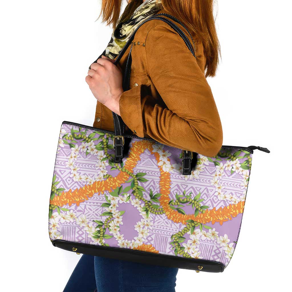 Aloha Festive Hawaii Leather Tote Bag Mokihana - Maile and Ilima on Lilac - Polynesian Pride