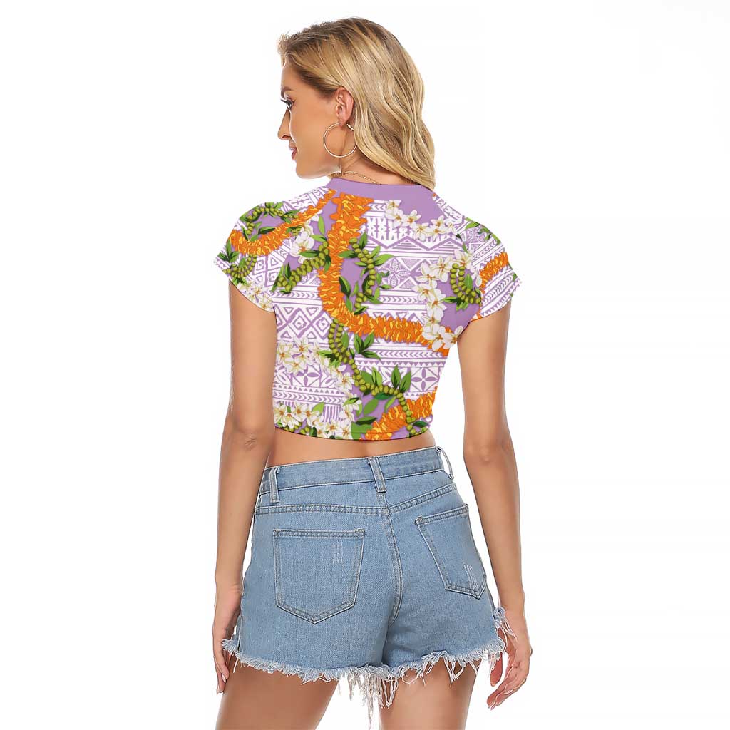 Aloha Festive Hawaii Raglan Cropped T Shirt Mokihana - Maile and Ilima on Lilac - Polynesian Pride