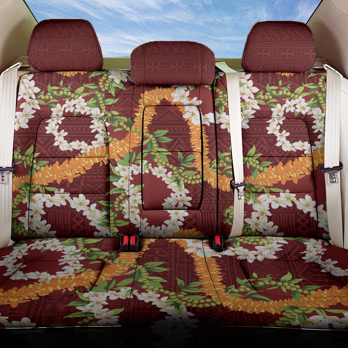 Aloha Festive Hawaii Back Car Seat Cover Mokihana - Maile and Ilima on Crimson - Polynesian Pride