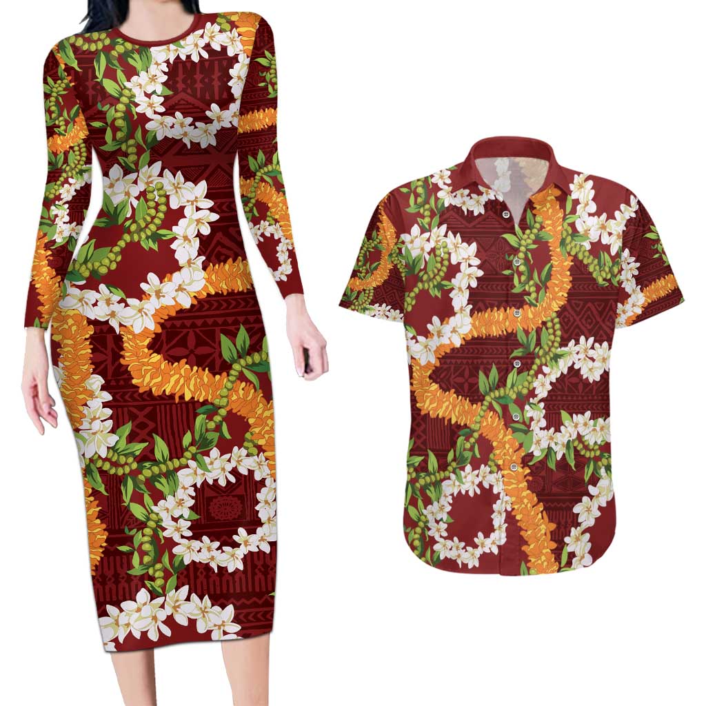 Aloha Festive Hawaii Couples Matching Long Sleeve Bodycon Dress and Hawaiian Shirt Mokihana - Maile and Ilima on Crimson LT7 Crimson - Polynesian Pride