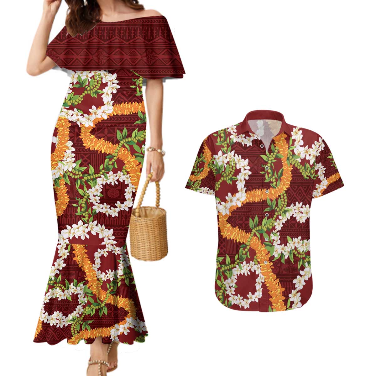 Aloha Festive Hawaii Couples Matching Mermaid Dress and Hawaiian Shirt Mokihana - Maile and Ilima on Crimson LT7 Crimson - Polynesian Pride