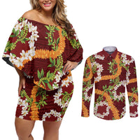 Aloha Festive Hawaii Couples Matching Off Shoulder Short Dress and Long Sleeve Button Shirt Mokihana - Maile and Ilima on Crimson LT7 Crimson - Polynesian Pride