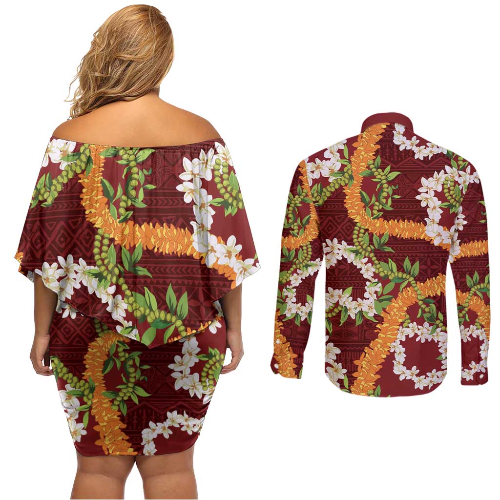 Aloha Festive Hawaii Couples Matching Off Shoulder Short Dress and Long Sleeve Button Shirt Mokihana - Maile and Ilima on Crimson LT7 - Polynesian Pride
