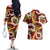 Aloha Festive Hawaii Couples Matching Off The Shoulder Long Sleeve Dress and Hawaiian Shirt Mokihana - Maile and Ilima on Crimson - Polynesian Pride