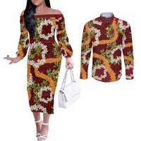 Aloha Festive Hawaii Couples Matching Off The Shoulder Long Sleeve Dress and Long Sleeve Button Shirt Mokihana - Maile and Ilima on Crimson LT7 Crimson - Polynesian Pride