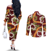 Aloha Festive Hawaii Couples Matching Off The Shoulder Long Sleeve Dress and Long Sleeve Button Shirt Mokihana - Maile and Ilima on Crimson LT7 - Polynesian Pride